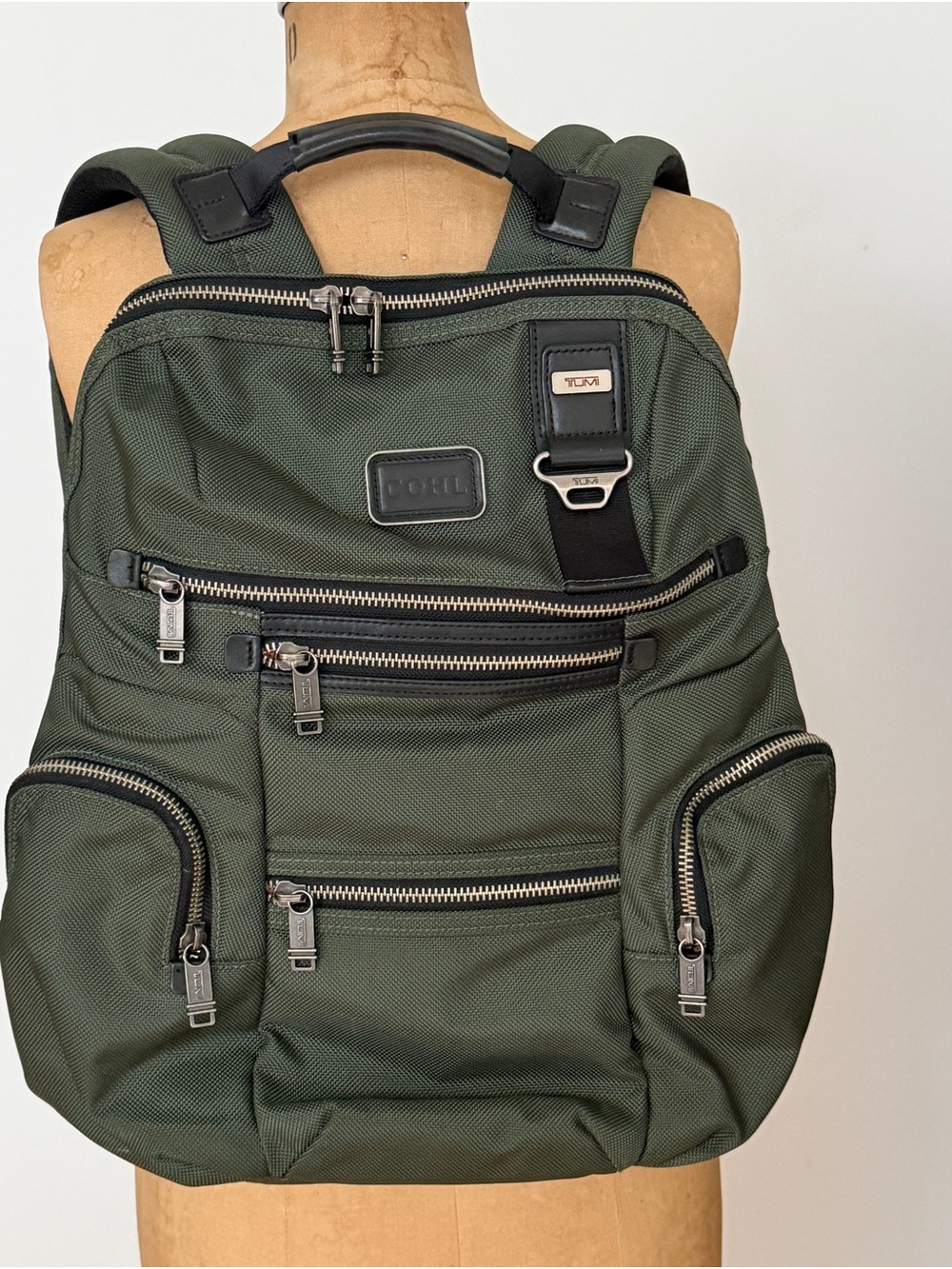 Tumi Olive Green Nylon Backpack with Multiple Zip Pockets